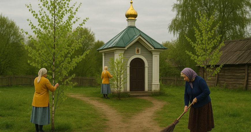 Деревенская каплица среди берёз