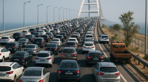 Скопление автомобилей на Крымском мосту – в очереди стоят 900 машин